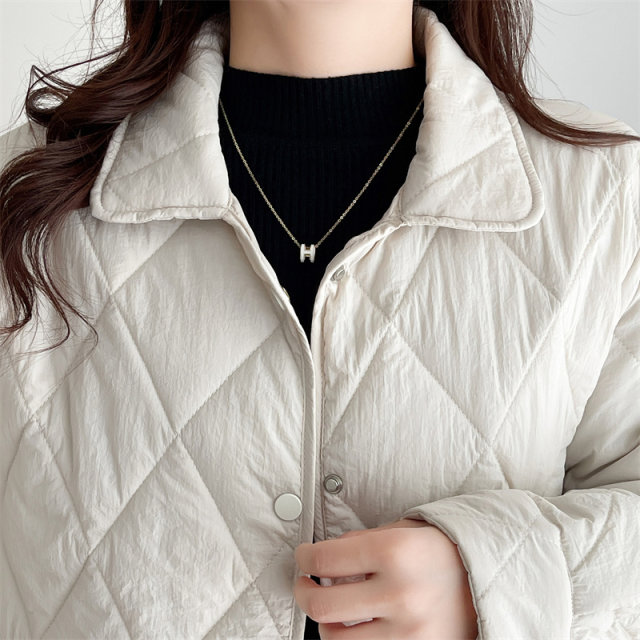 Autumn and winter new female light loose warm padded jacket large size fat MM lapel diamond -shaped grid pressure line small cotton jacket jacket