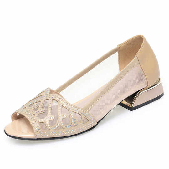 Fish Mouth Sandals Women's 2025 New Summer Mesh Hollow Genuine Leather Soft Sole Middle-aged Mother's Shoes Thick Heel Women's Shoes