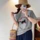 Lucky cats~Love this lump grey! Korean round neck cartoon short-sleeved T-shirt top 24 summer clothing for women