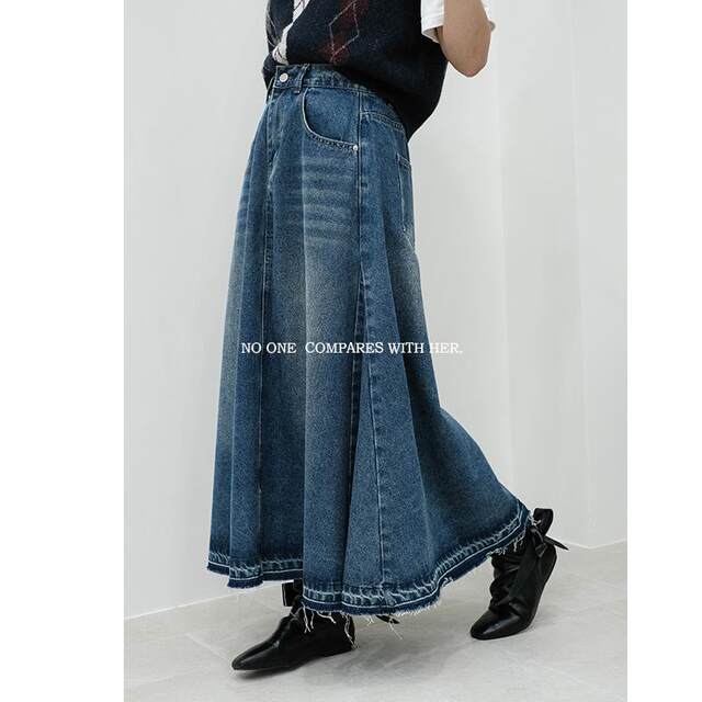 With her, she is not original, simple and versatile, autumn and winter new style retro washing water burrs, long denim skirt, umbrella skirt