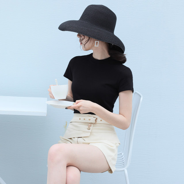 Black half-high neck short-sleeved T-shirt for women pure cotton versatile 2025 summer new solid color slim half-sleeved top ins trendy
