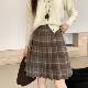 Large size retro plaid pleated high waist skirt autumn and winter fat mm A line slim mid skirt college style short skirt ins