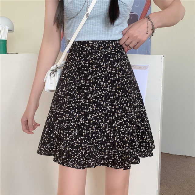 Floral skirt A-line skirt new summer small fresh large size women's elastic waist ruffle skirt anti-exposure skirt