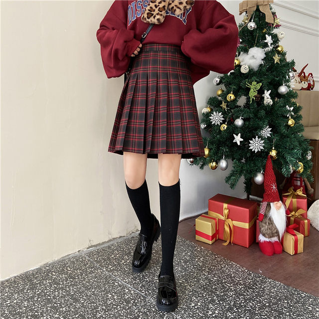 Large size loose waist checkered A -line skirt spring and autumn, fat mm high -waisted pleated middle skirt retro school style half bodies skirt
