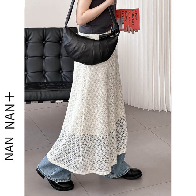 Sweet lace long skirt for women in spring and autumn design double-layer hollow lace elastic high-waist skirt stacked
