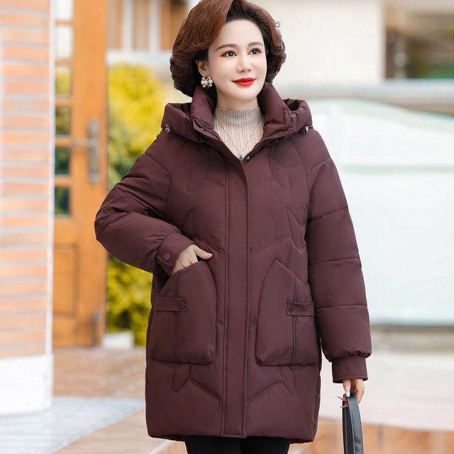 Middle-aged and elderly women's cotton-padded clothes, mother's wear, winter thickened cotton-padded clothes, mid-length, middle-aged women's fashionable cotton-padded jackets, large size jackets