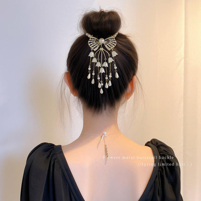 Ancient bell orchid tassel hairpin ball head fixed artifact grabber female high-end hair buckle half-tied hairpin