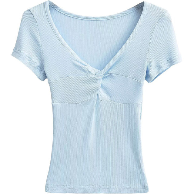 Light blue chest kink low V-neck short-sleeved T-shirt for women 2025 summer new hot girl slim fit slim pit top