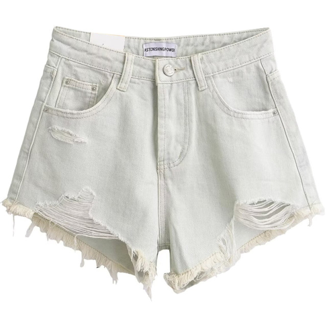Heavy industry washing and old burr ripped mid-high waist denim shorts retro high street hot girl A-line wide-leg hot pants trend