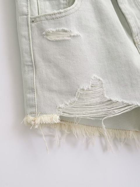 Heavy industry washing and old burr ripped mid-high waist denim shorts retro high street hot girl A-line wide-leg hot pants trend