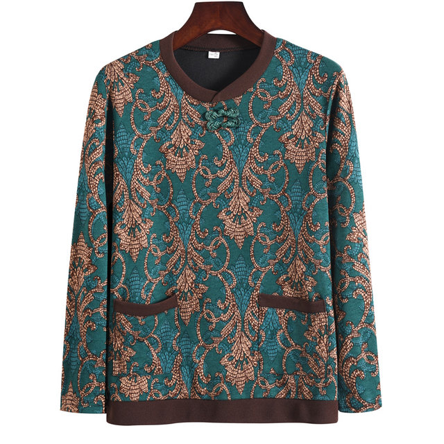 Large size middle-aged and elderly women's clothing spring and autumn floral long sleeve round neck fashionable fashionable base shirt mother's clothing middle-aged and elderly top
