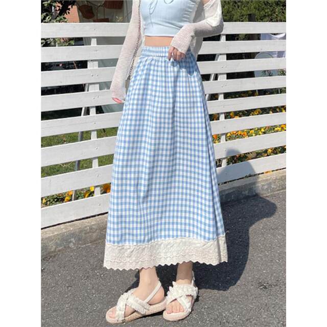 Large size sweet lace plaid skirt for women in spring and summer 2025 new high-waisted slim long skirt for women