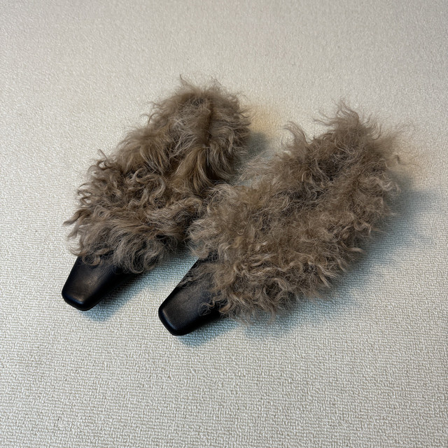 2025 Autumn and Winter New Genuine Leather Square Toe Thick Heel Furry Shoes Wool Velvet Lined Deep Mouth Single Shoes Women's Warm Small Leather Shoes