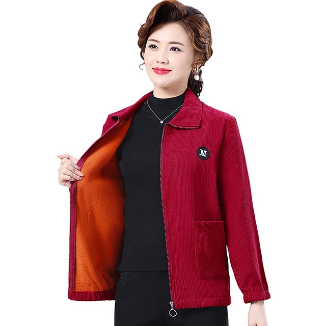2025 New Corduroy Jacket Mom Casual Jacket Middle -Elderly Women's Spring and Autumn Pure Color Large -size Long Sleeve
