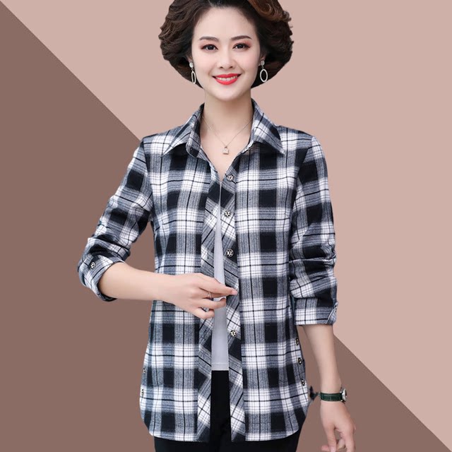 2025 new pure cotton plaid shirt middle-aged and elderly fashionable large-size long-sleeved shirt mother spring thin jacket