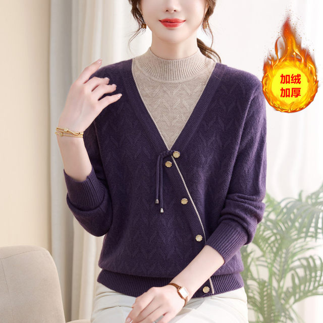 2025 New National Style Fake Two-Piece Knitted Sweater Middle-aged and Elderly Women’s Clothes Velvet Thickened Sweater Mother’s Winter Warm Clothes