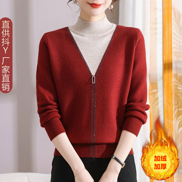 2025 new mother's winter clothing velvet thickened sweater middle-aged and elderly women's half turtleneck fake two-piece knitted bottoming shirt