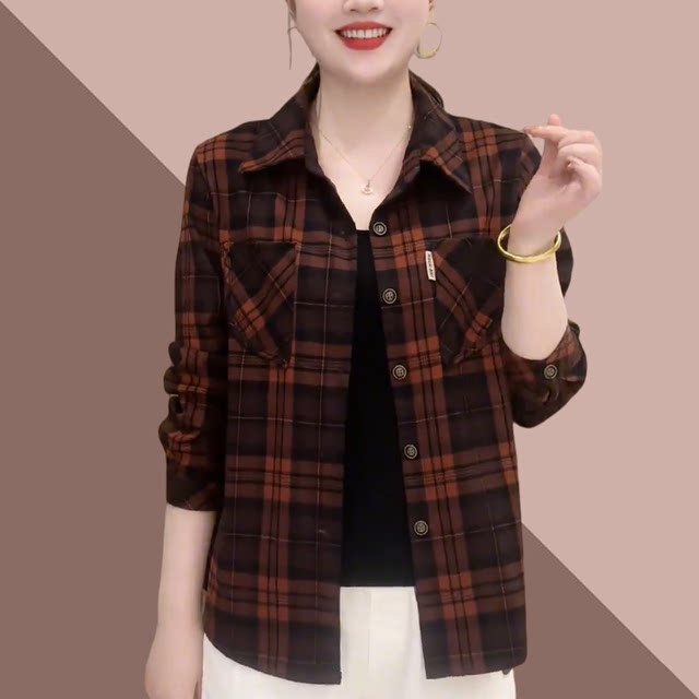 2025 new pure cotton plaid shirt middle-aged and elderly fashionable large-size long-sleeved shirt mother spring thin jacket