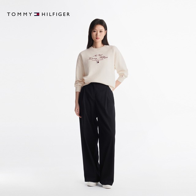 Tommy25 new spring and summer women's pure cotton letter embroidered hat-free round neck pullover sweatshirt 43844