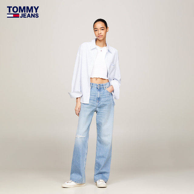 Tommy women's American street retro ripped mid-waist loose wide legs slimming legs long jeans 17560