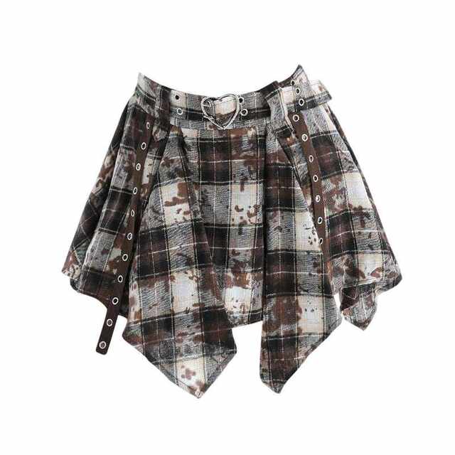 Irregular old plaid skirt female spring and autumn retro high -waisted high -waisted A -line skirt anti -light girl ins, hip skirt
