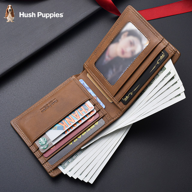 Hush Puppies Men's Wallet Short Genuine Leather Thin Card Holder Cowhide Driver's License Coin Purse Men's Multi-Card Slot Ticket Holder