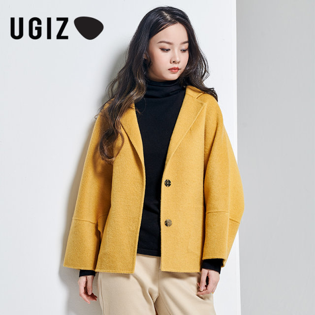 UGIZ winter new product Korean women's solid color casual suit collar front shorter long hair woolen female Udhd704
