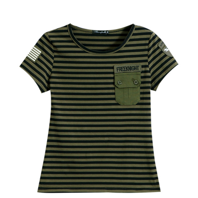 Camouflage T-shirt women's striped short-sleeved black sailor dance costume military green stretch cotton large size workwear round neck top