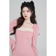 Bone ear pink square neck small fragrant style dress for women spring 2025 new design niche French doll skirt