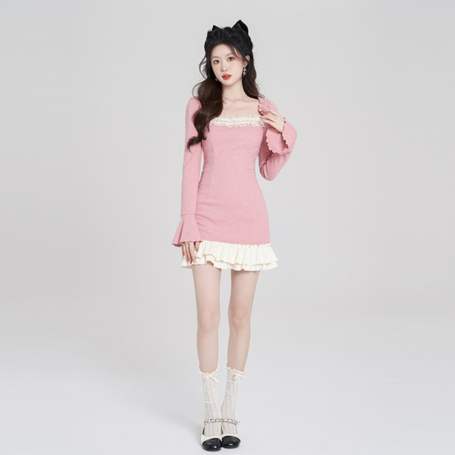 Bone ear pink square neck small fragrant style dress for women spring 2025 new design niche French doll skirt