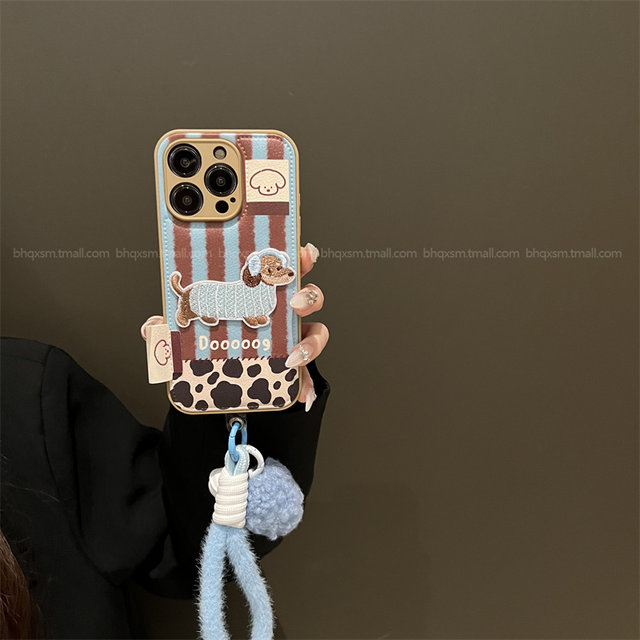 Blue brown leather pattern dachshund suitable for Apple 16promax mobile phone case iPhone17pro cute 15promax autumn and winter high-end 13pro cartoon 14pro protective cover 12pro female anti-fall