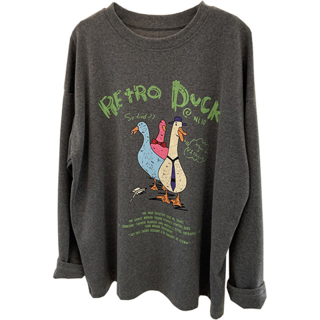 Ningbo Home. Cute cartoon duck print thickened grinding round neck long sleeve T-shirt for women 2025 spring loose base shirt