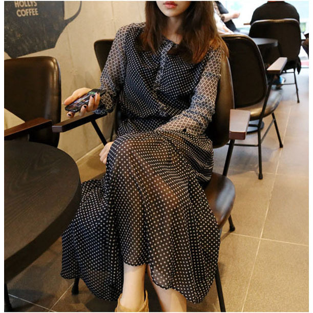 Fashion holiday women's dress dress long skirt Korean chiffon long sleeve Posamian large size wave dot bottoming long skirt autumn
