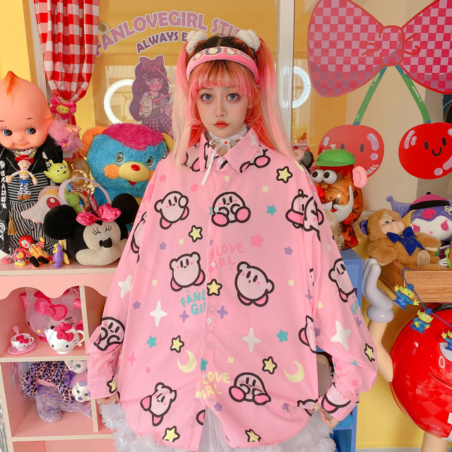 Exclusive original rice family cute Japanese original long -sleeved long -sleeved pink cartoon sweet soft girl shirt