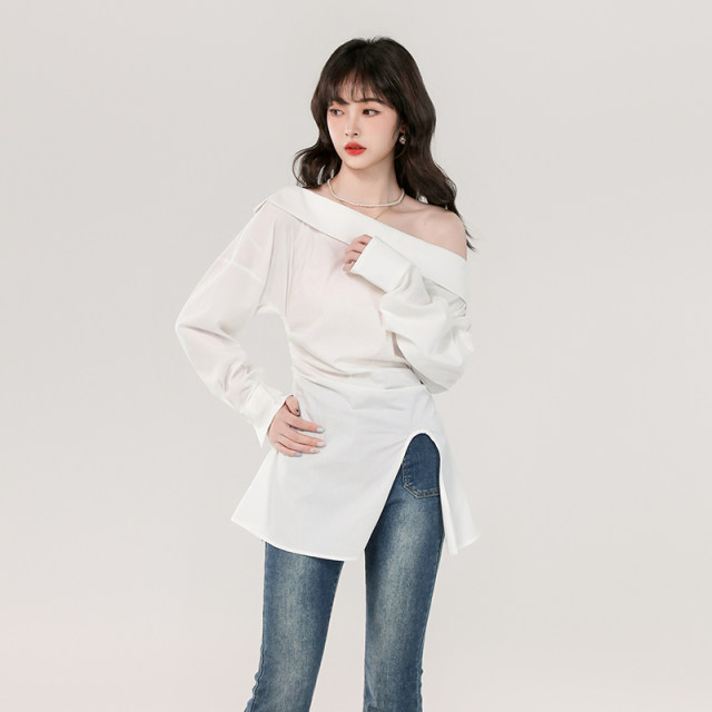 2025 summer Korean version of one-length neck temperament versatile white shirt waist-length slit design long-sleeved shirt top