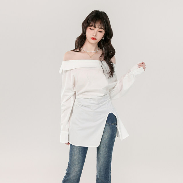 2025 summer Korean version of one-length neck temperament versatile white shirt waist-length slit design long-sleeved shirt top