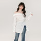 2025 summer Korean version of one-length neck temperament versatile white shirt waist-length slit design long-sleeved shirt top