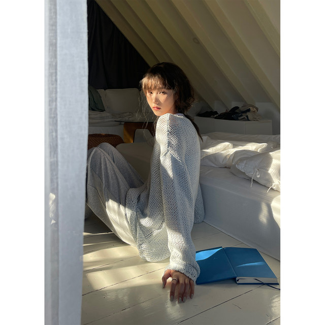 JMwomen Clouds on the Sea Knitted Hollow Sweater Dress Women's Autumn Loose and Lazy Style Pullover Top