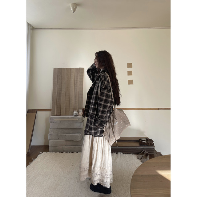 JMwomen's Apricot color cotton and linen lace skirt for women in spring and autumn 2025 retro loose a-line mid-length long skirt