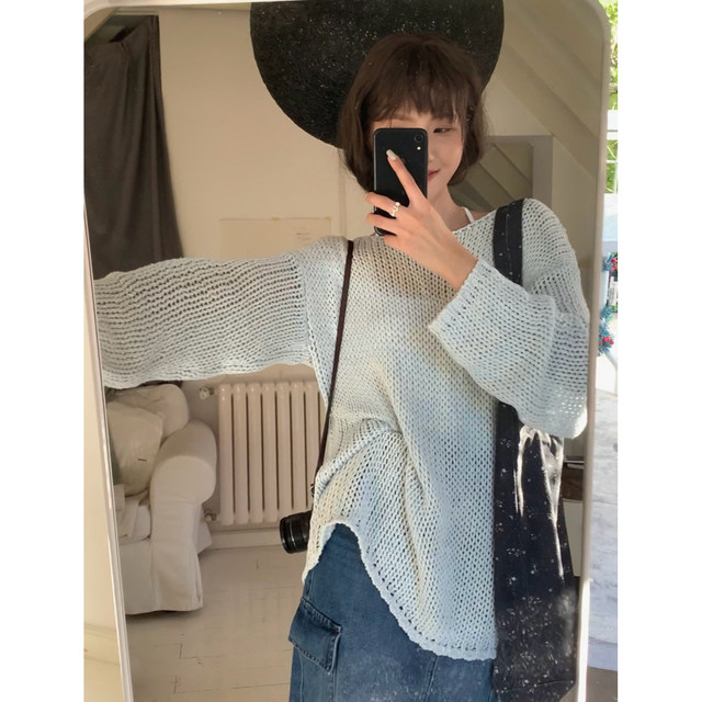JMwomen Clouds on the Sea Knitted Hollow Sweater Dress Women's Autumn Loose and Lazy Style Pullover Top
