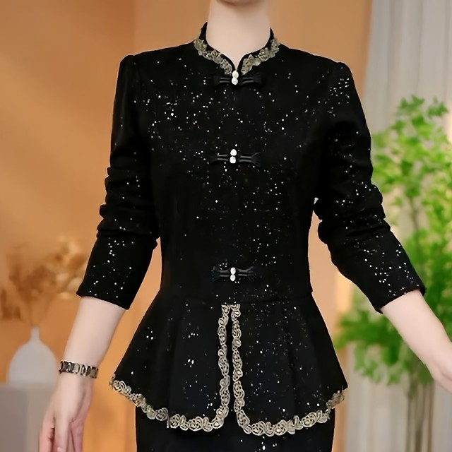 Autumn women's new Chinese style double button shiny shiny top for Autumn women's clothing without velvet