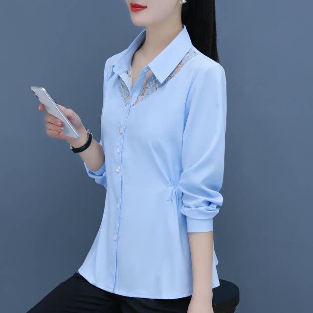 Lace shirt stripe long -sleeved shirt spring and summer dress new Korean version of fashion chiffon top female wild shirt ladies