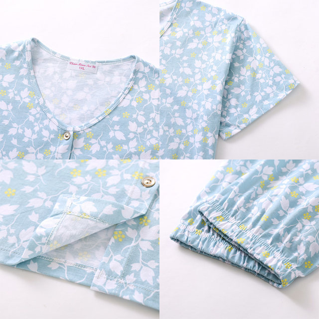 Middle -aged and elderly cotton cardigan short -sleeved ladies open pajamas.