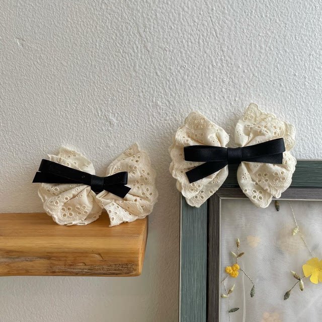 Forest pastoral style retro cotton and linen hollow lace bow hairpin ...