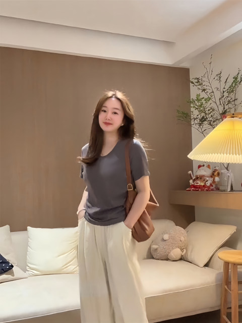 Large size women's clothing 2025 new summer fat girl thread water drop goose egg collar front shoulder short-sleeved T-shirt slim top