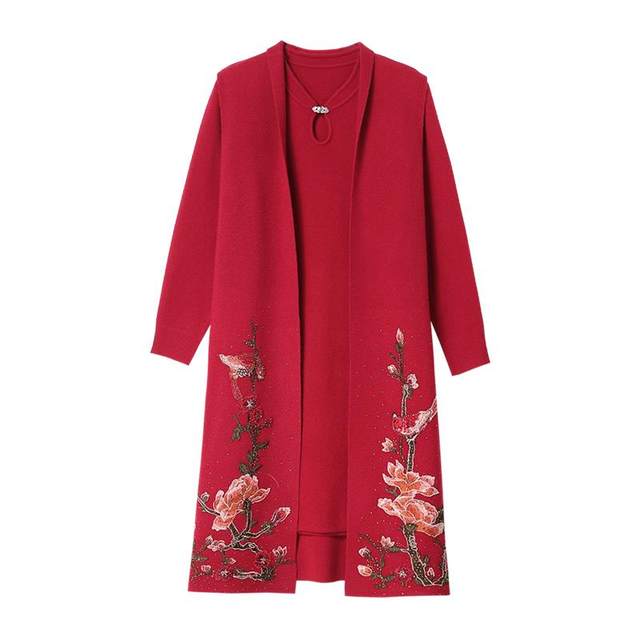 
Middle-aged and elderly women's two-piece set, wide, mid-length sweater jacket, mother's wear, spring and autumn large size western style dress