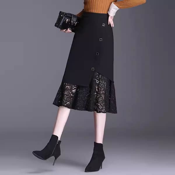 Black fishtail skirt for women 2025 new summer lace skirt A-line high waist drooping mid-length hip wrap skirt

