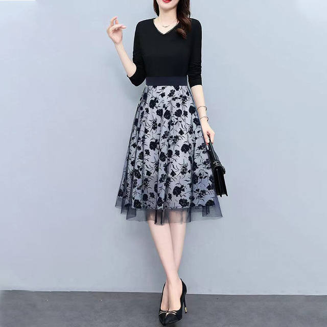 Spring and Autumn versatile skirt for women with high waist slim mesh floral A-line skirt artistic fashion mid-length umbrella skirt