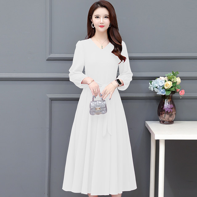 New summer solid color slim chiffon dress fashionable mother big hem skirt performance slimming belt skirt