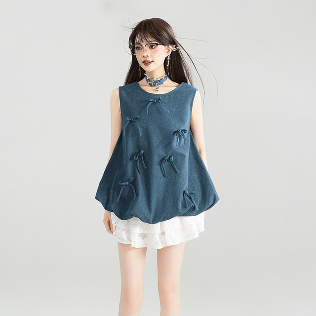 KEIKO Sweet and Salt Flower Bud-shaped Sleeveless Top for Women 25 Summer Bow Lick Flower Light Denim Vest
